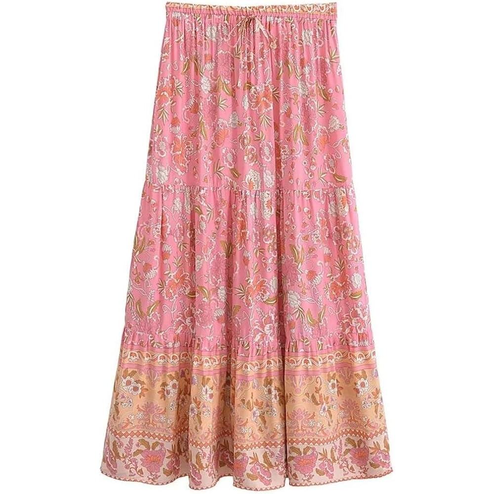 Style State Printed Elastic Waist Boho Maxi Skirt Cotton Pink 10